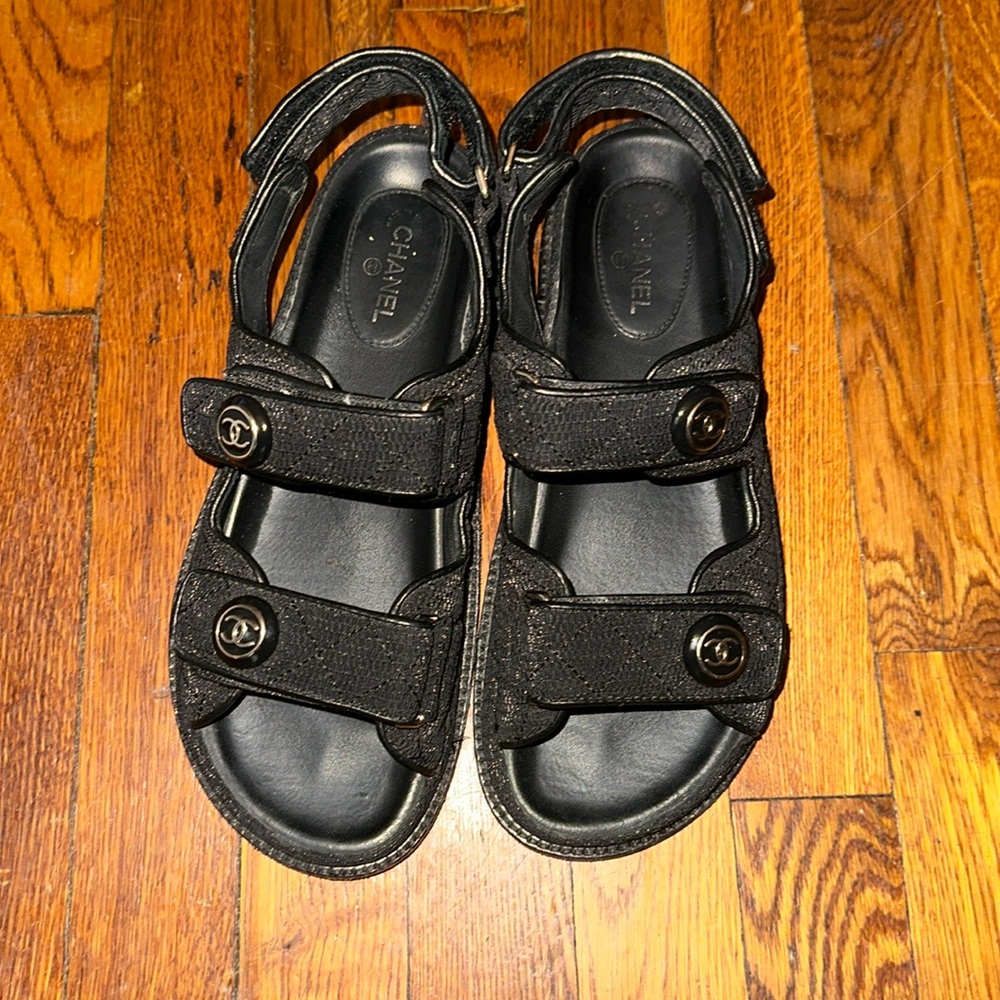 Chanel CC Black Fabric Slide Strap Flat Dad Sandals 21C